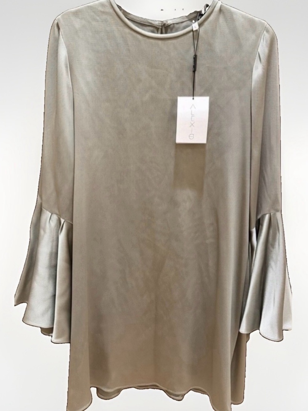 ALEXIS Benati Dress Retro 70s Long Bell Sleeves NWT size L Silver Grey